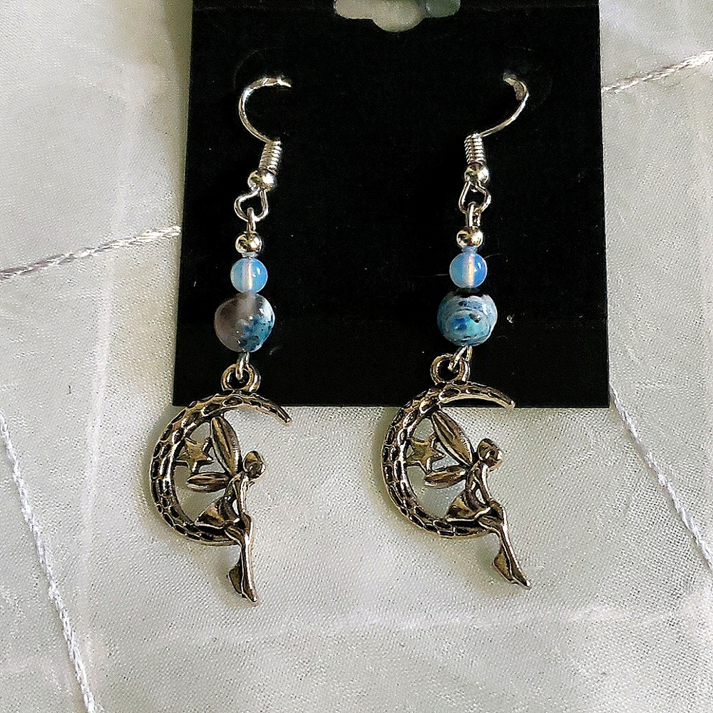 Blue Agate & Moonstone Moon Fairy Earrings